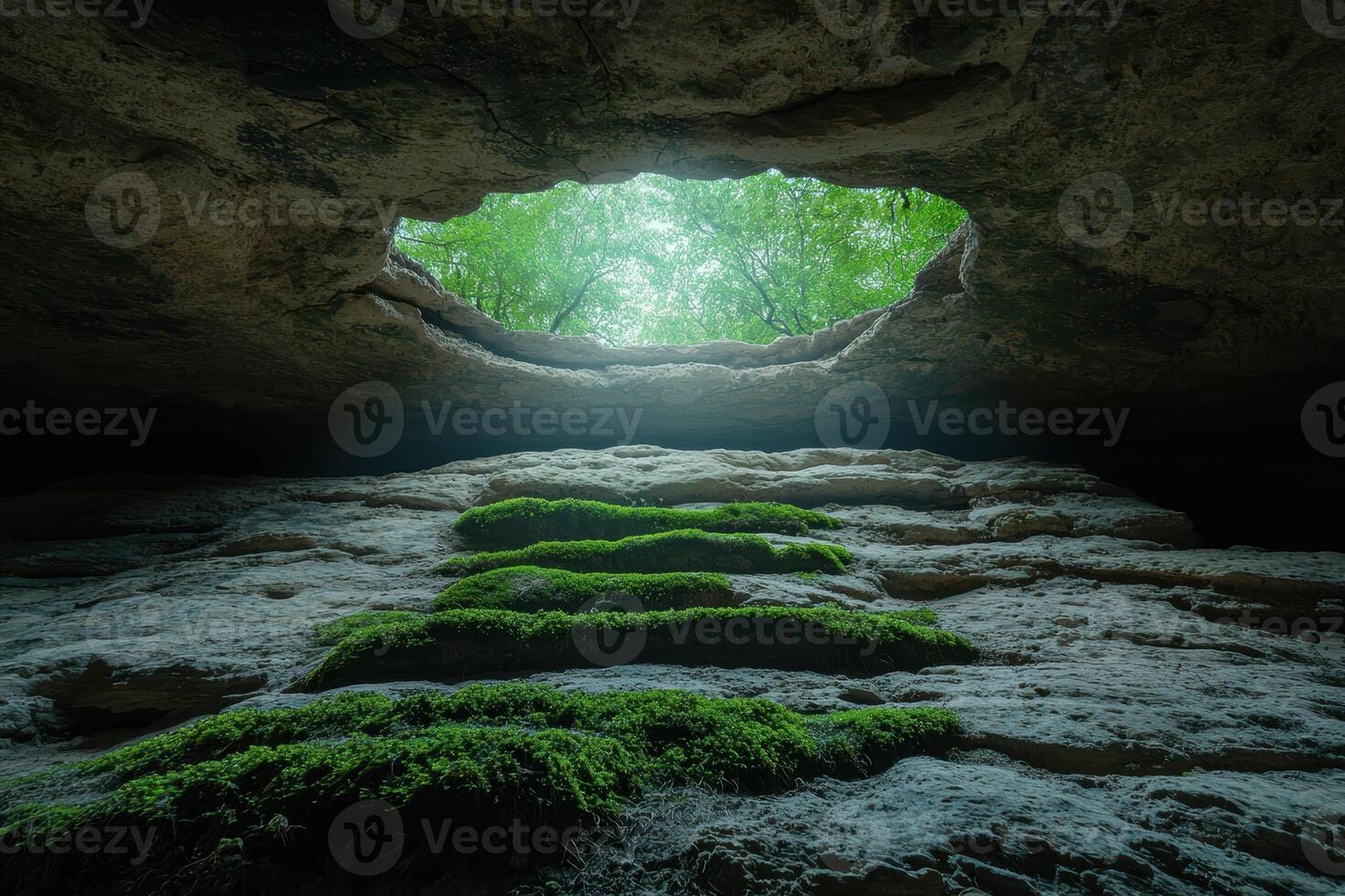Sunlight streams into a mossy cave opening photo
