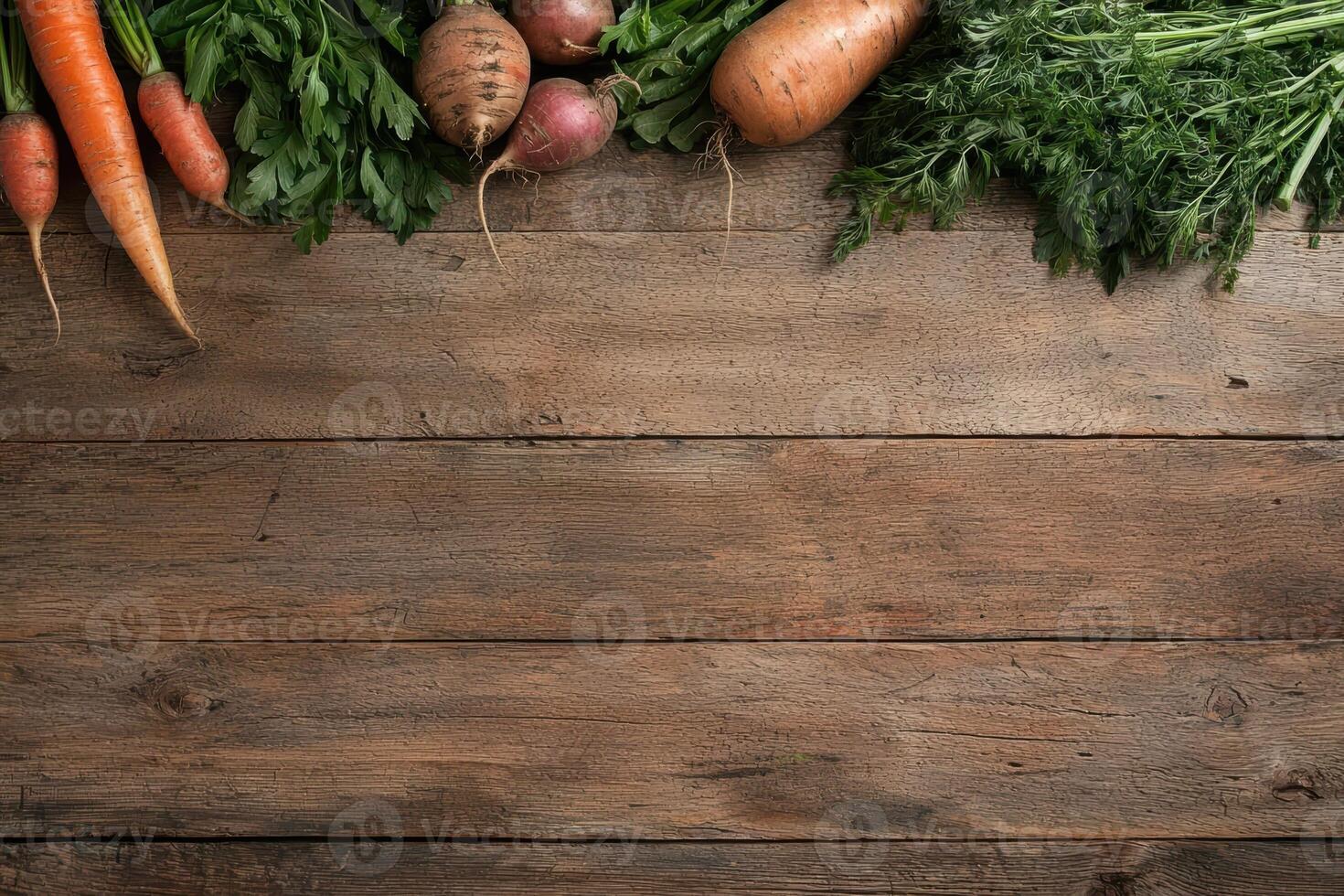 Fresh organic vegetables on rustic wooden table. photo