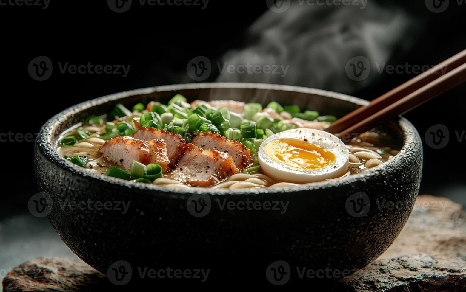 Steaming bowl of ramen noodles with pork, egg, and green onions. photo