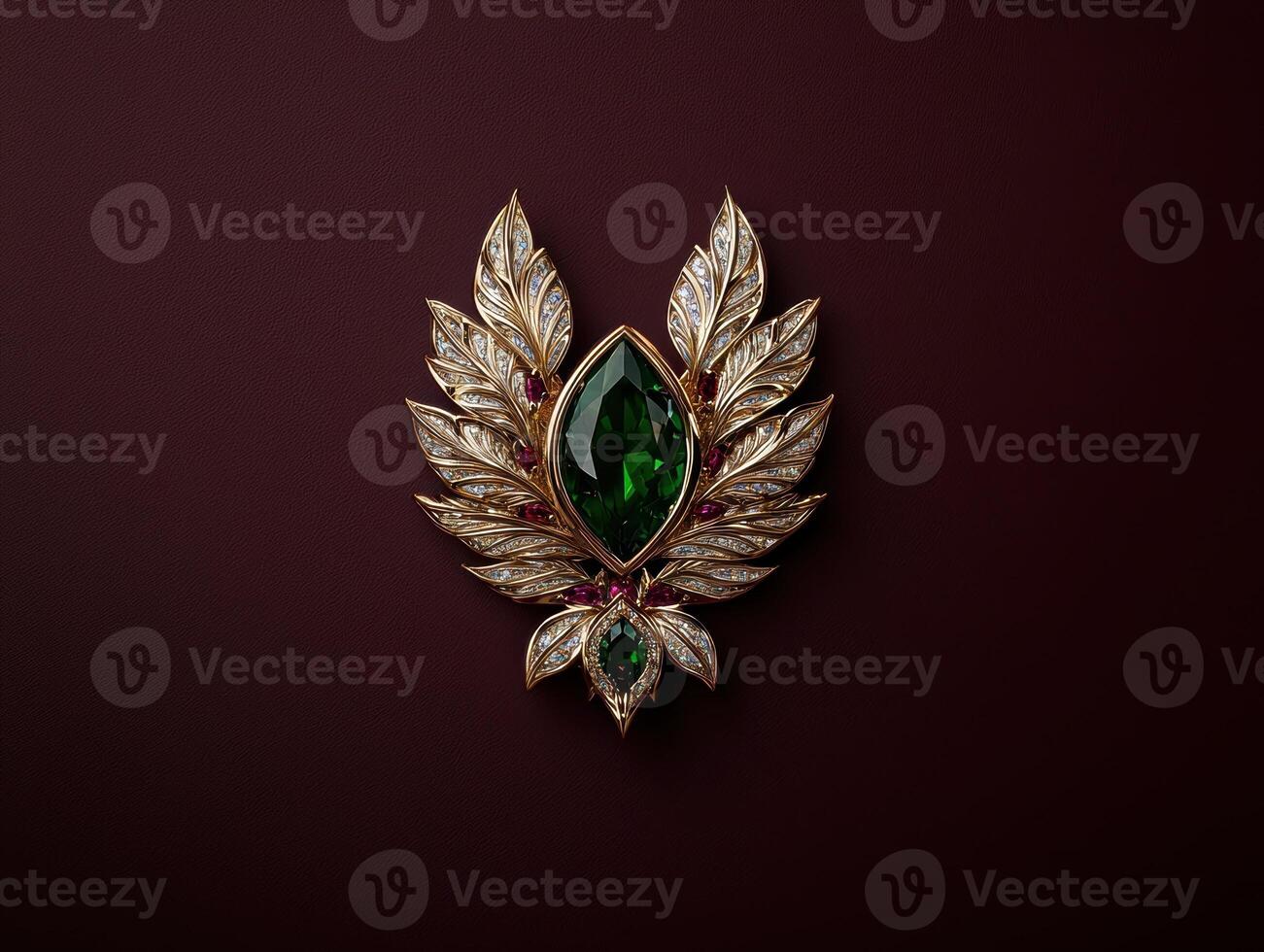 Luxury golden brooch with green gemstone and diamonds photo