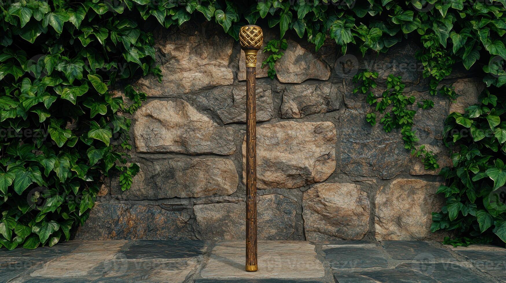 Ornate walking stick leaning against a stone wall photo