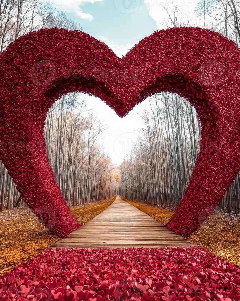 Heart shaped archway in autumn forest path photo