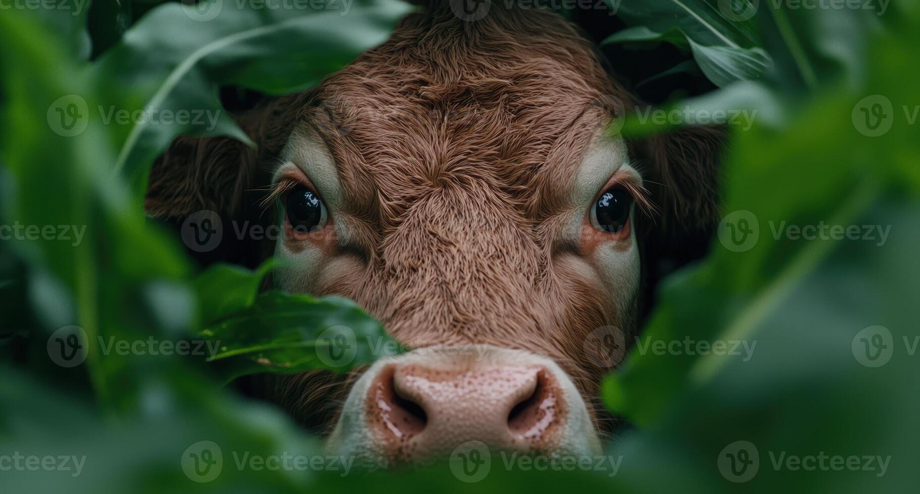 Close up of a cows face peeking through lush green leaves photo