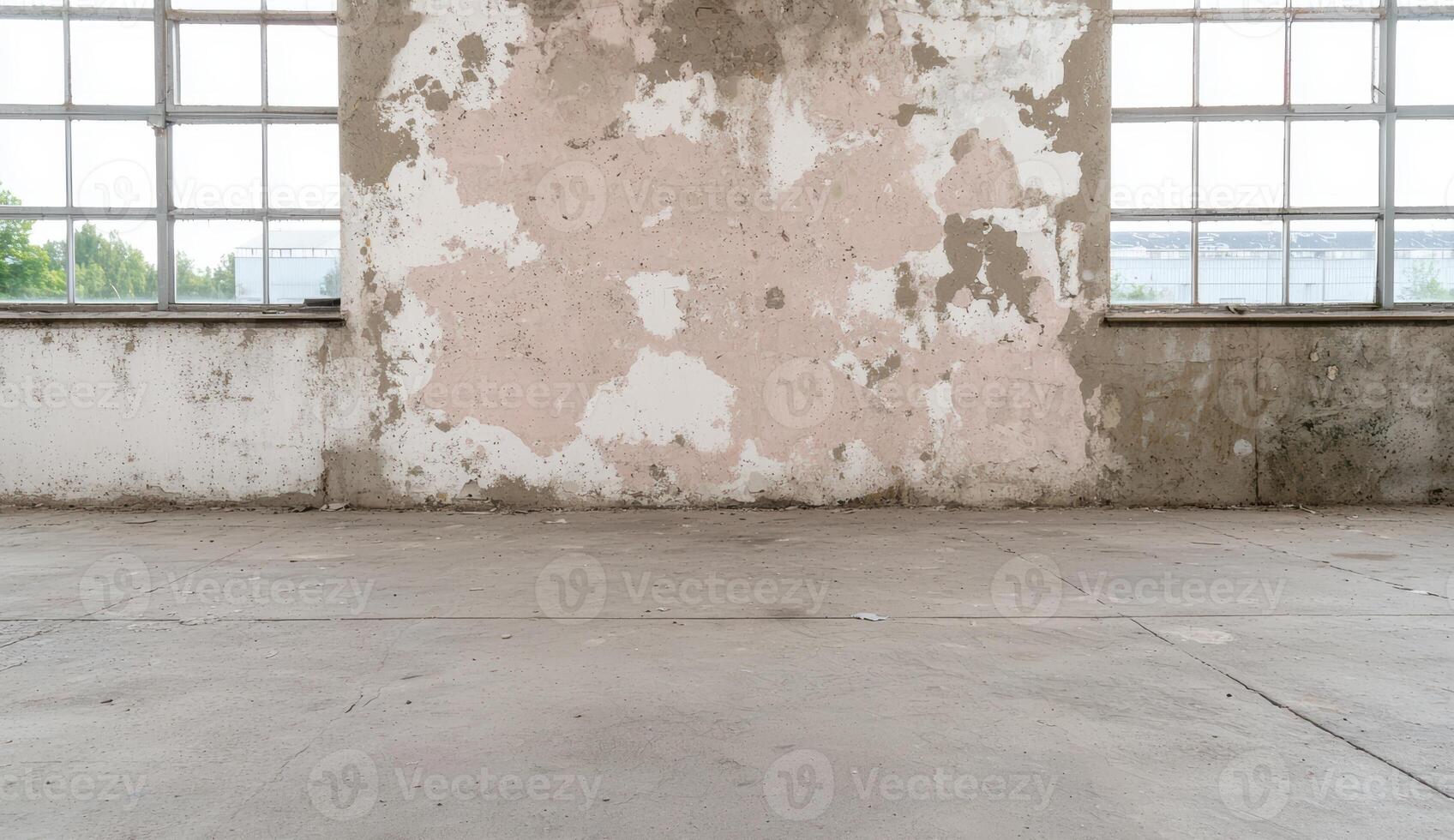 Empty industrial space with large windows and weathered walls photo