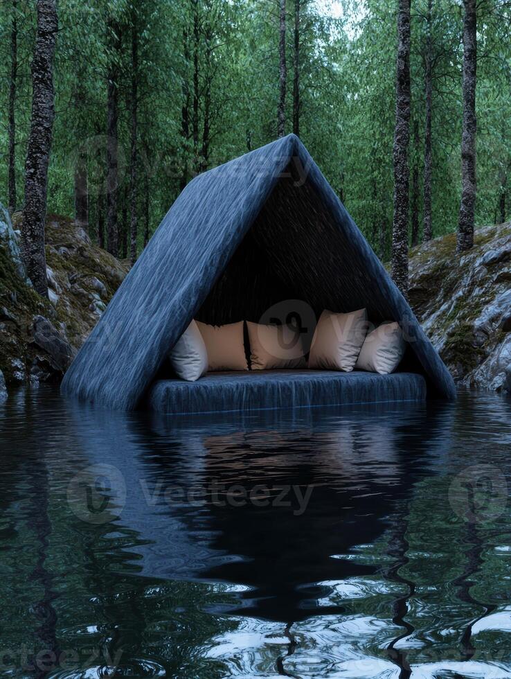 Secluded floating bed in a tranquil forest photo