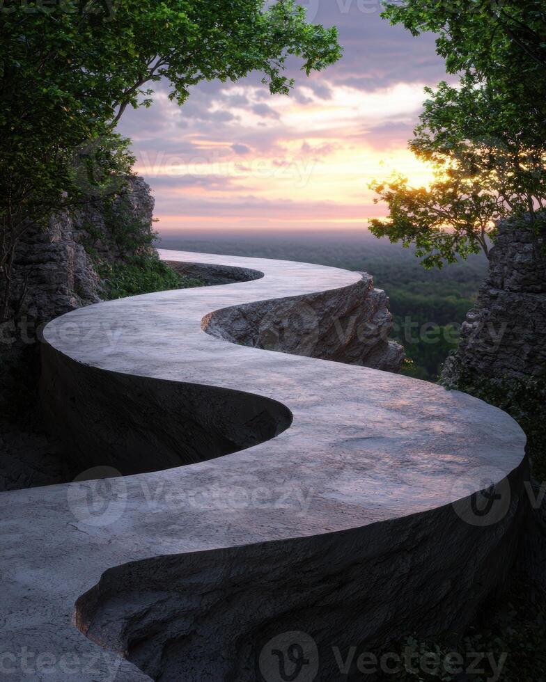 Curved concrete path overlooking a valley at sunset photo