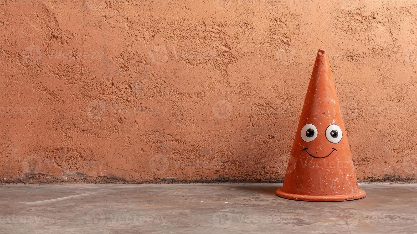 Happy traffic cone against a textured wall photo