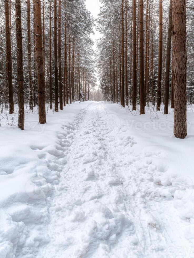 Snowy path through a pine forest in winter photo