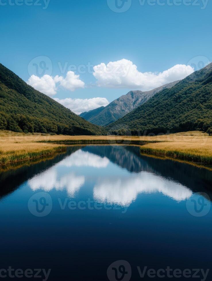 Serene mountain lake reflecting clouds and peaks photo