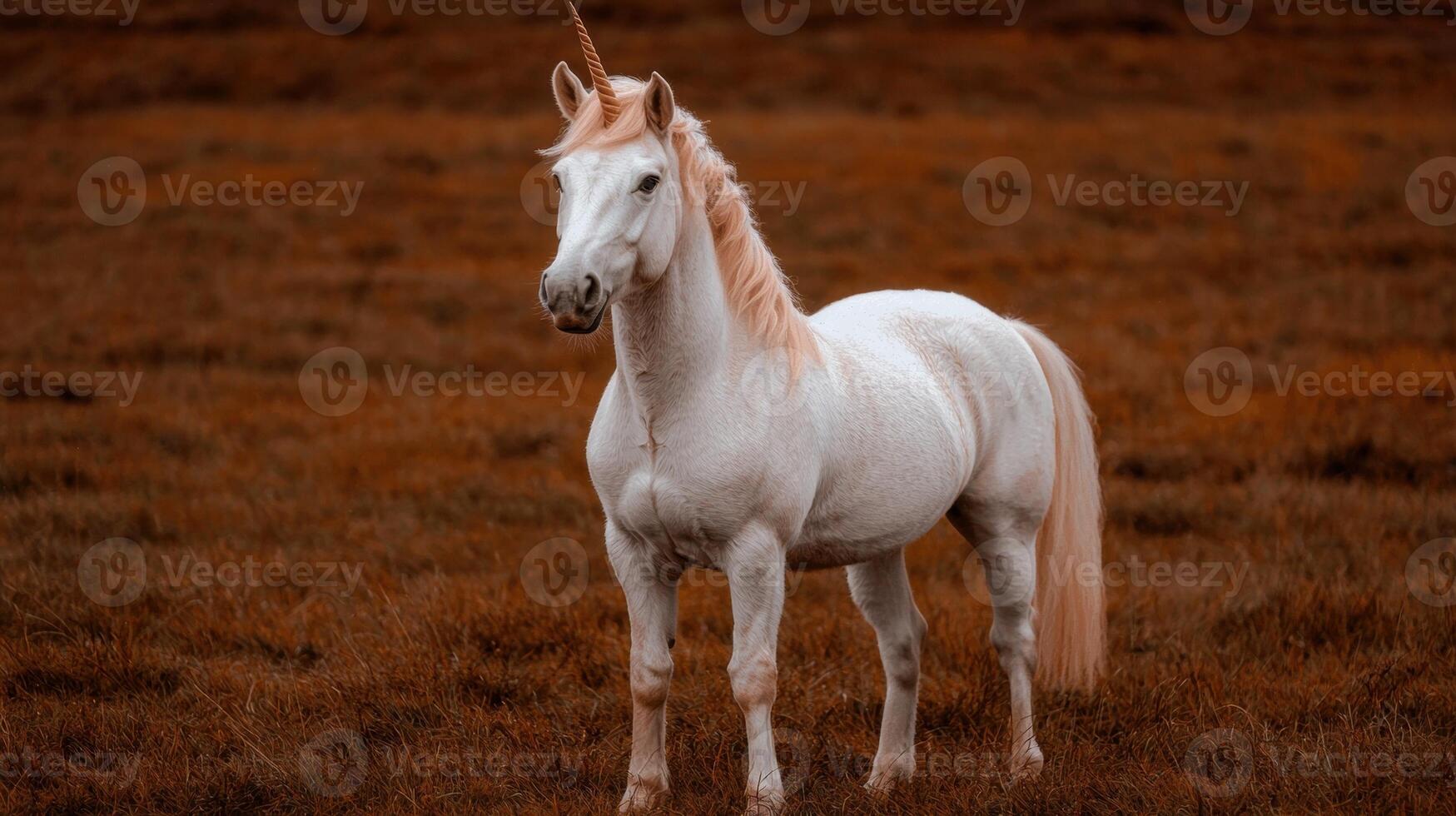 Majestic white unicorn standing in a field photo