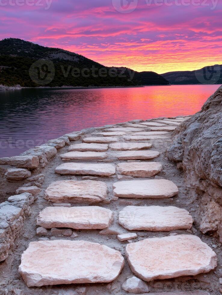 Stone path leading to a calm lake at sunset photo