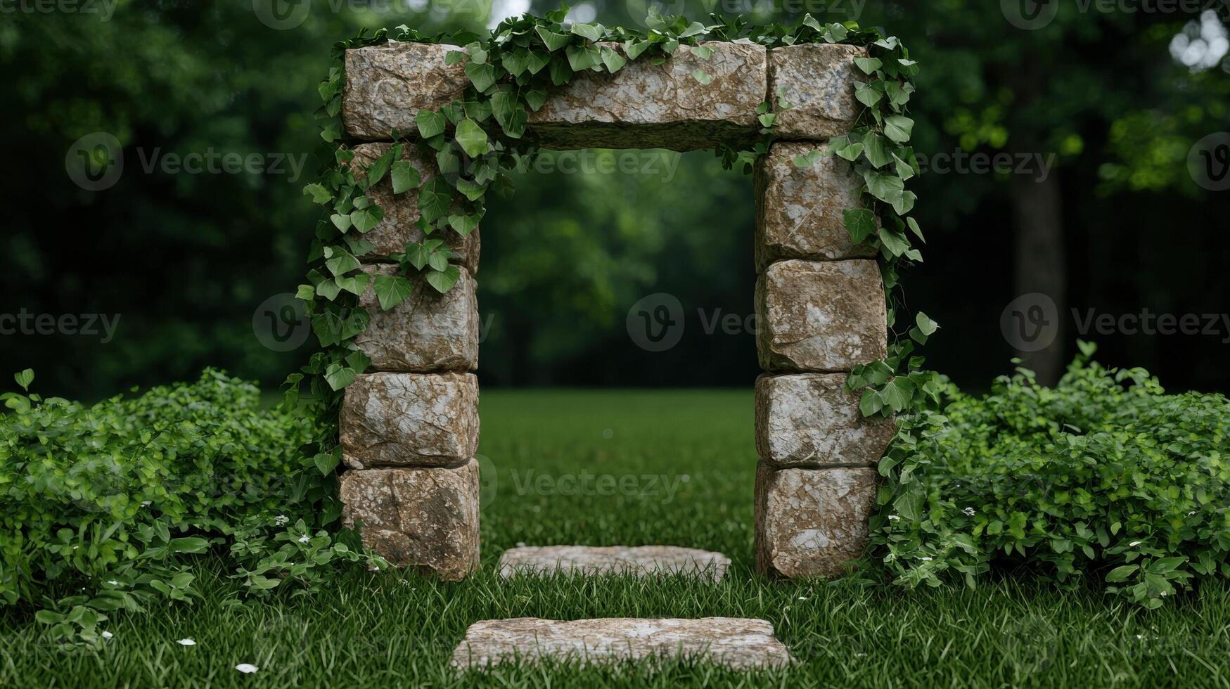 Stone archway overgrown with ivy in a lush green garden photo