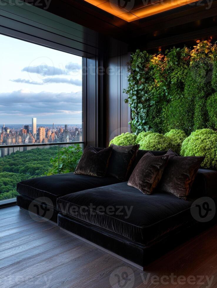Luxury apartment with a view of the city skyline and a park photo