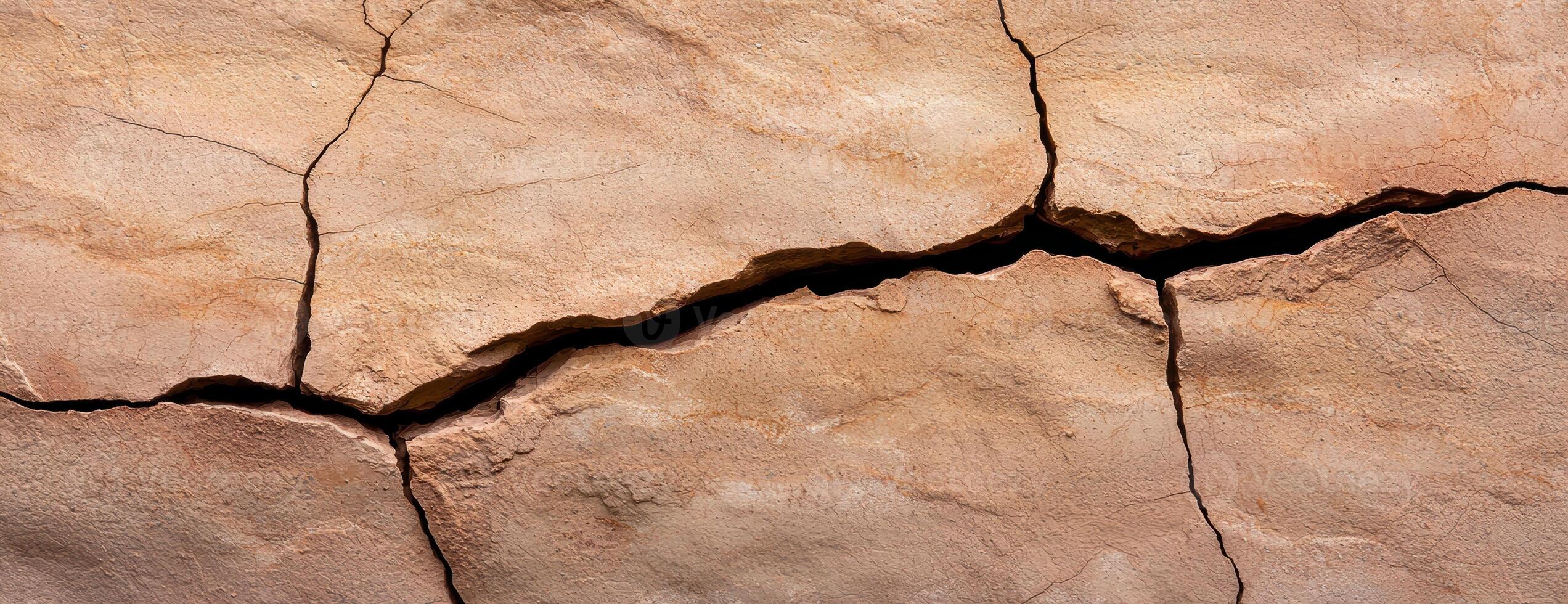 Close up of a cracked, textured surface with a deep fissure photo