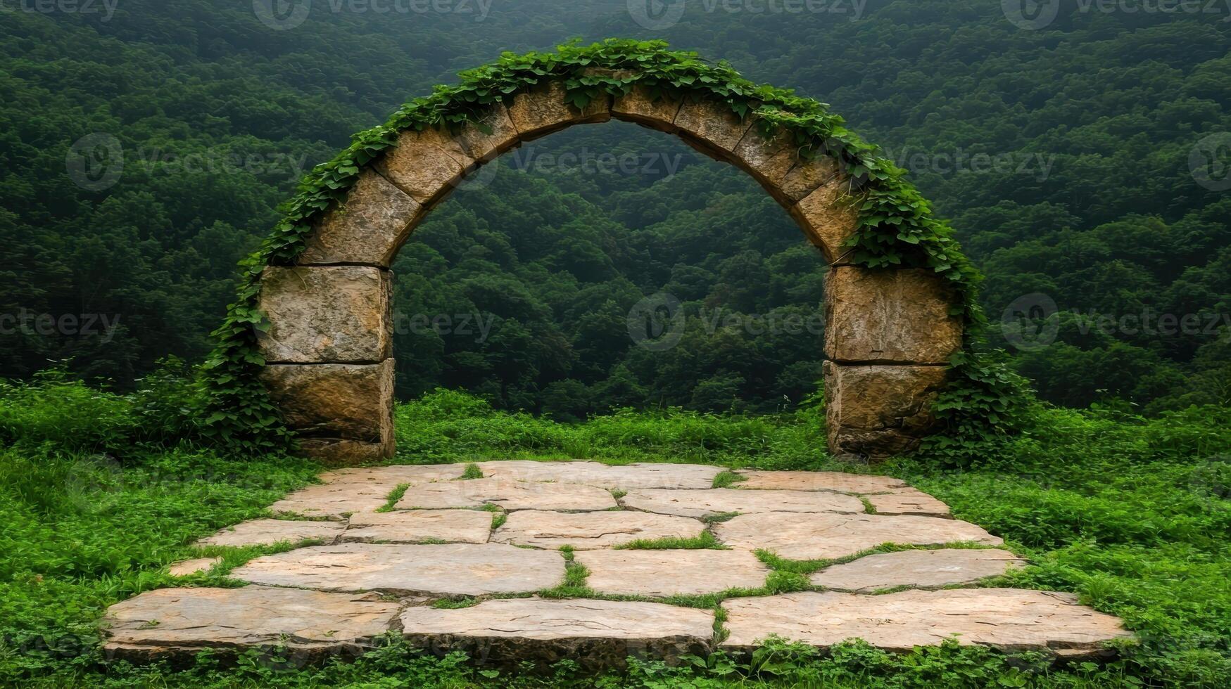 Stone archway leading to a lush forest photo
