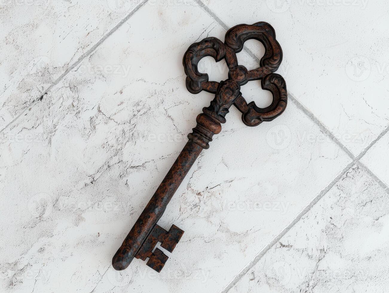 Rustic ornate key on a white tile background photo