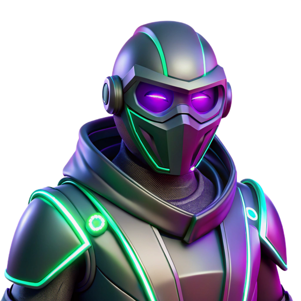 Neon Lit Futuristic Warrior A 3D Render of a Cybernetic Soldier png