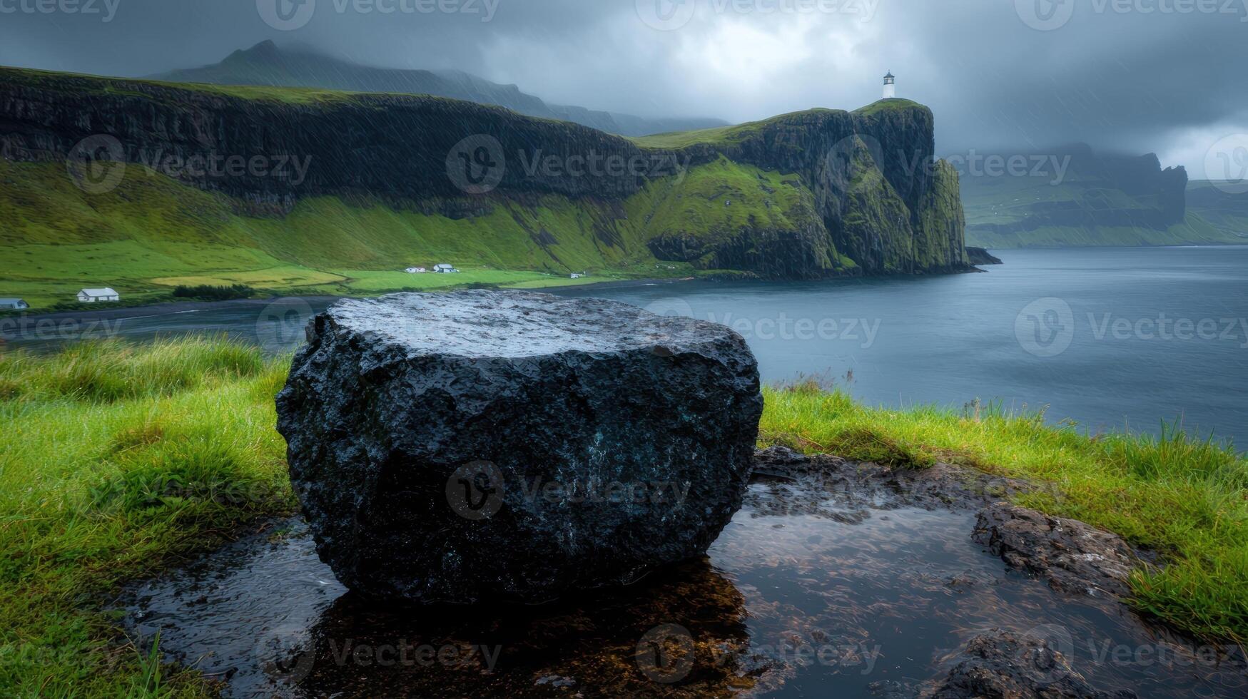 Dramatic coastal landscape with a solitary rock and lighthouse photo