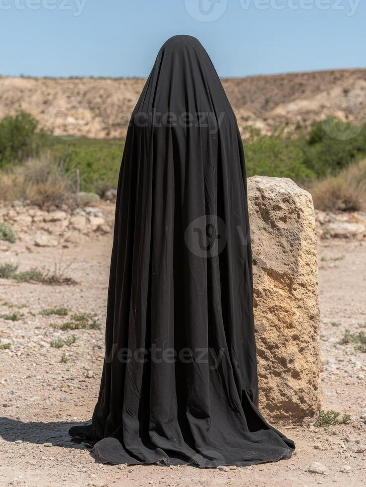 Mysterious figure in black robe stands before ancient stone photo