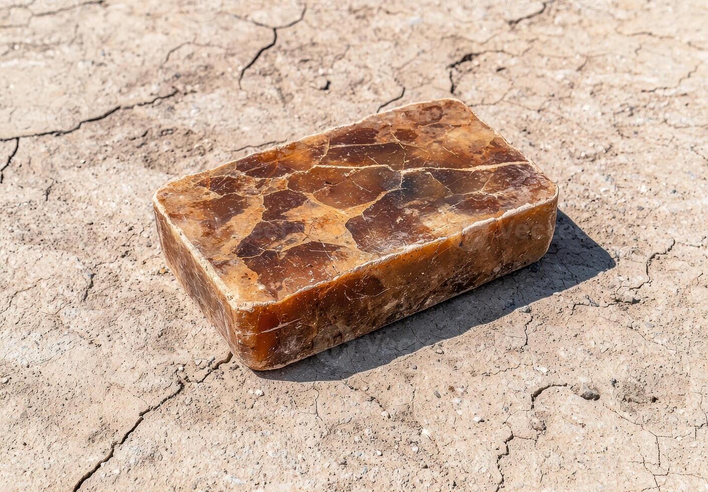 Rough, brown, rectangular block on cracked earth photo