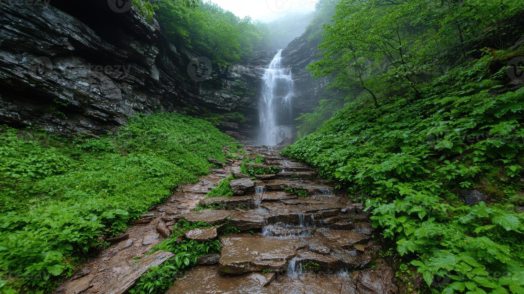Stone steps leading to a waterfall in a lush green forest photo