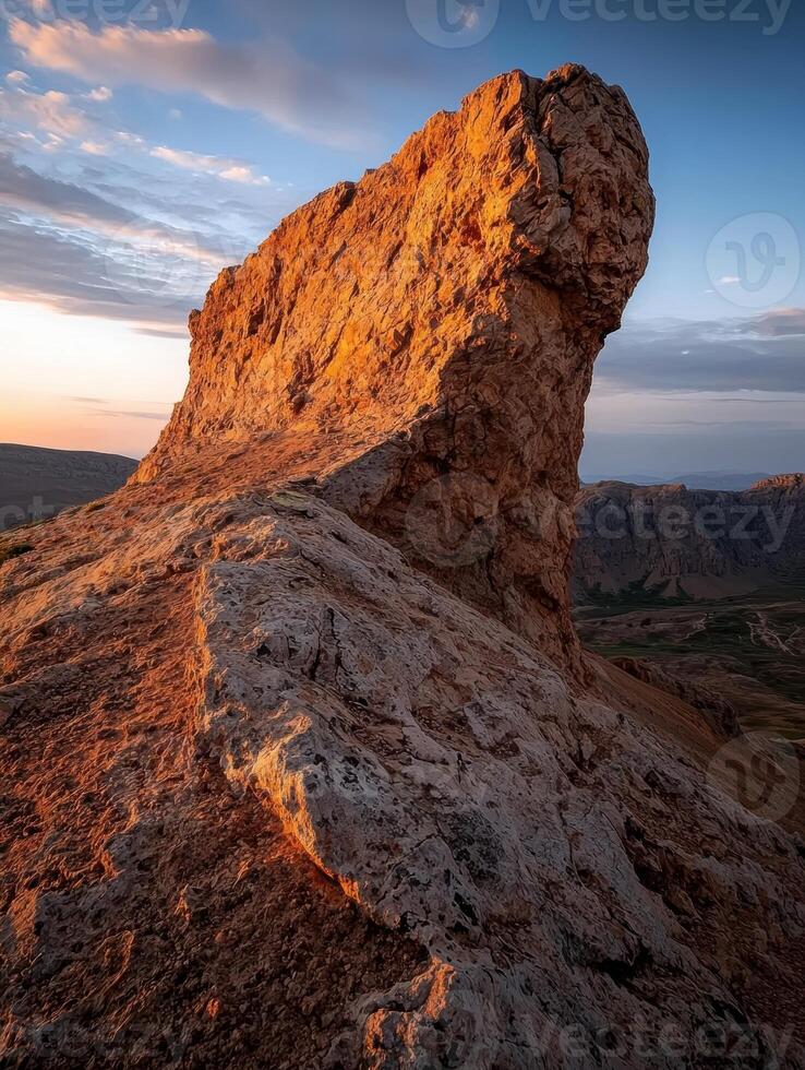 Sunrise over a dramatic rock formation photo