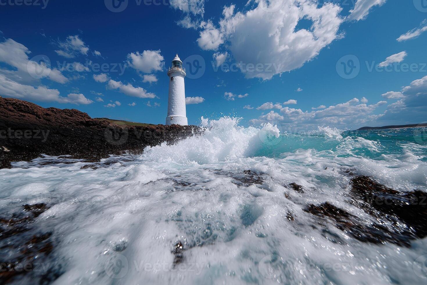 Waves crashing against a lighthouse on a rocky coast photo