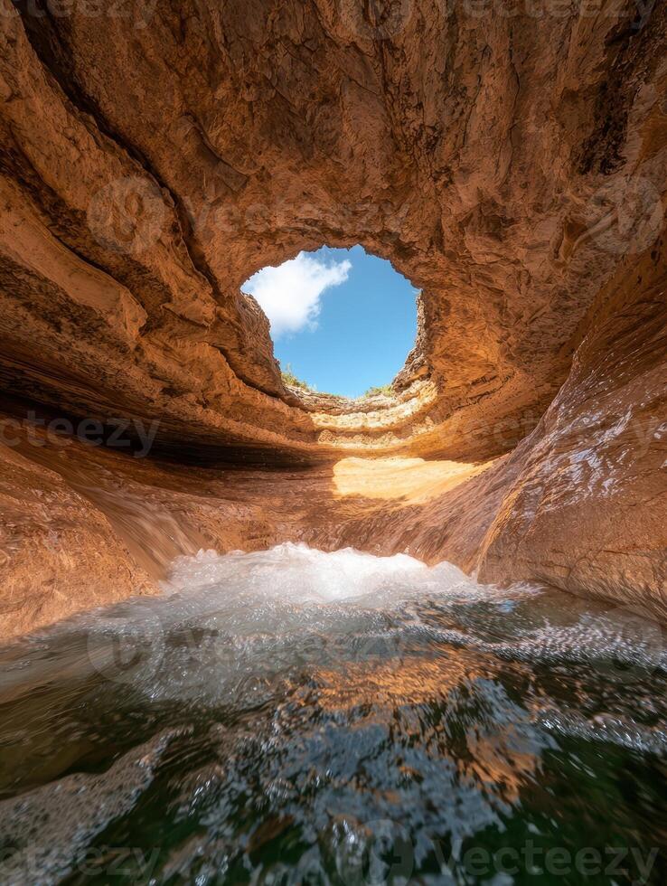 Waterfall cascading into a natural pool inside a cave photo