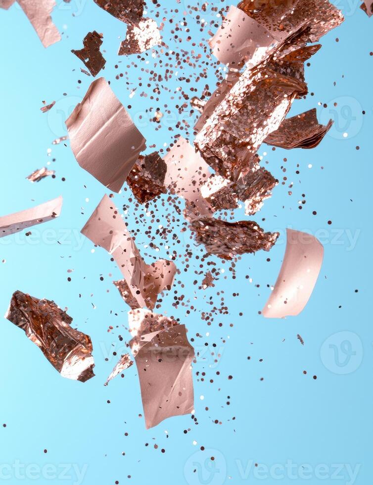 Rose gold glitter explosion on blue background photo