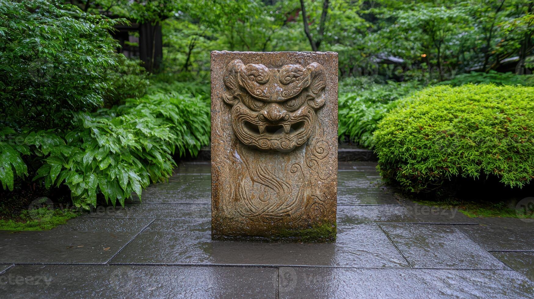 Stone carving of a mythical beast in a lush garden photo