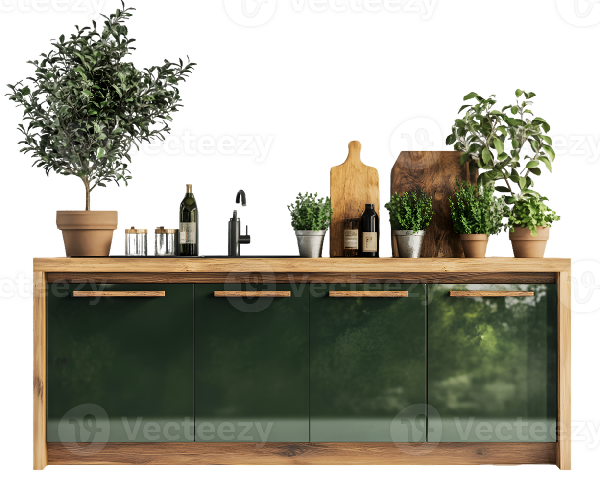 Modern Kitchen Countertop Display Featuring Greenery and Stylish Wooden Accents png
