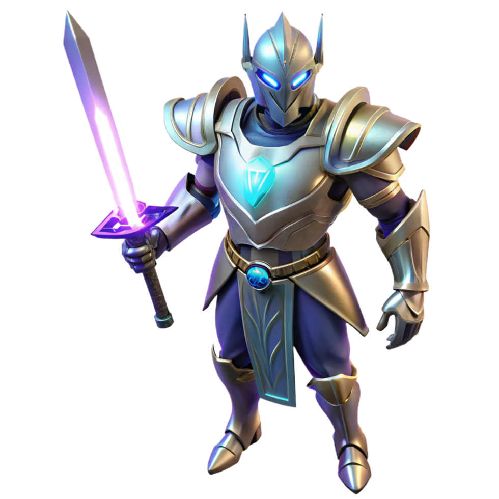 Glowing Knight Fantasy Game 3D Render of Armored Warrior with Sword png