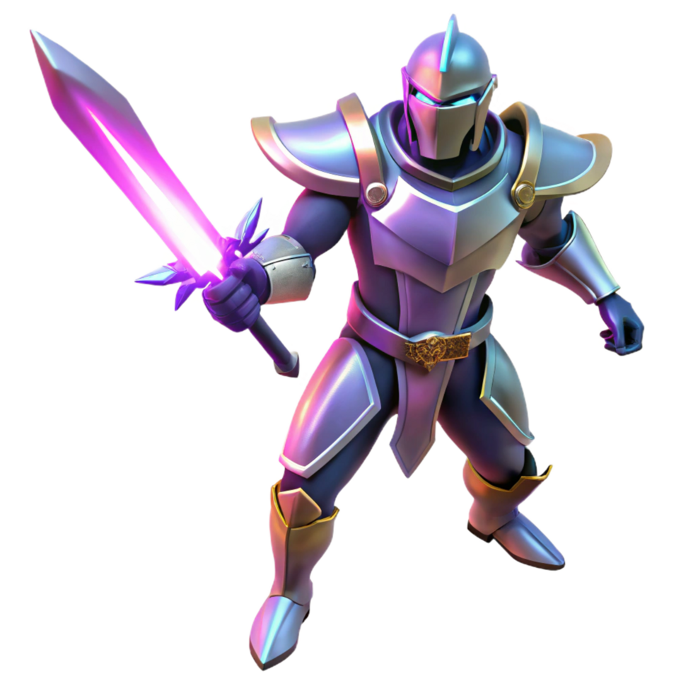 Fantasy Knight with Glowing Sword 3D Render of Armored Warrior png