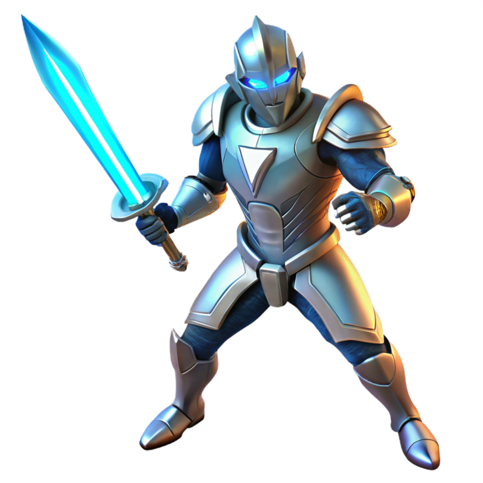 Glowing Sword Knight 3D Render of Futuristic Armored Warrior png