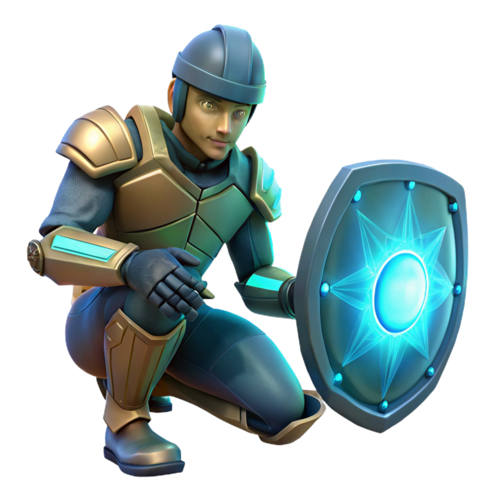 3D Render of a Futuristic Warrior Crouching with Shield png