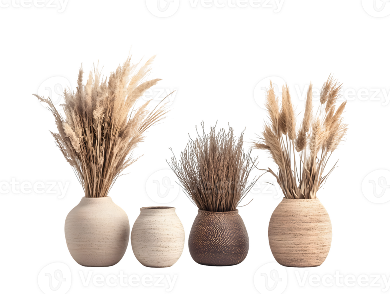 Stylish Arrangement of Dried Pampas Grass in Earthy Vases for Elegant Home Decor png