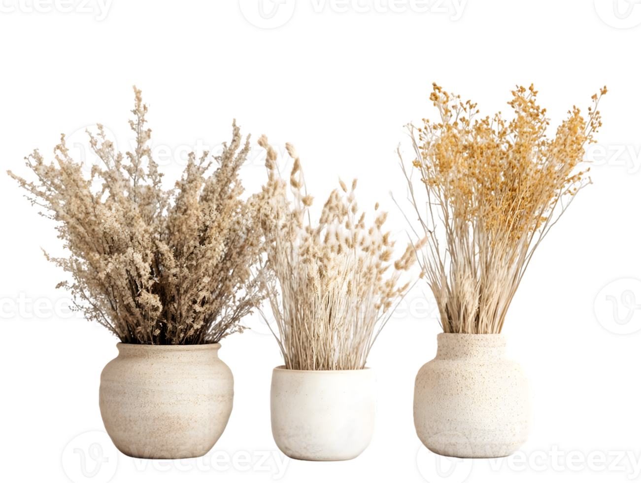 Three Elegant Ceramic Pots Filled With Dried Flowers in Warm Neutral Tones png