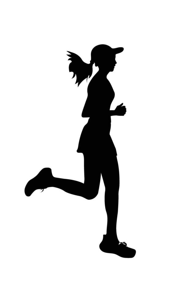 A silhouette of a woman running with determination, wearing a cap and athletic attire vector