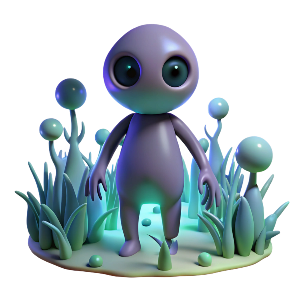 3D Render of a Cute Alien in a Glowing, Bioluminescent Plant Setting png