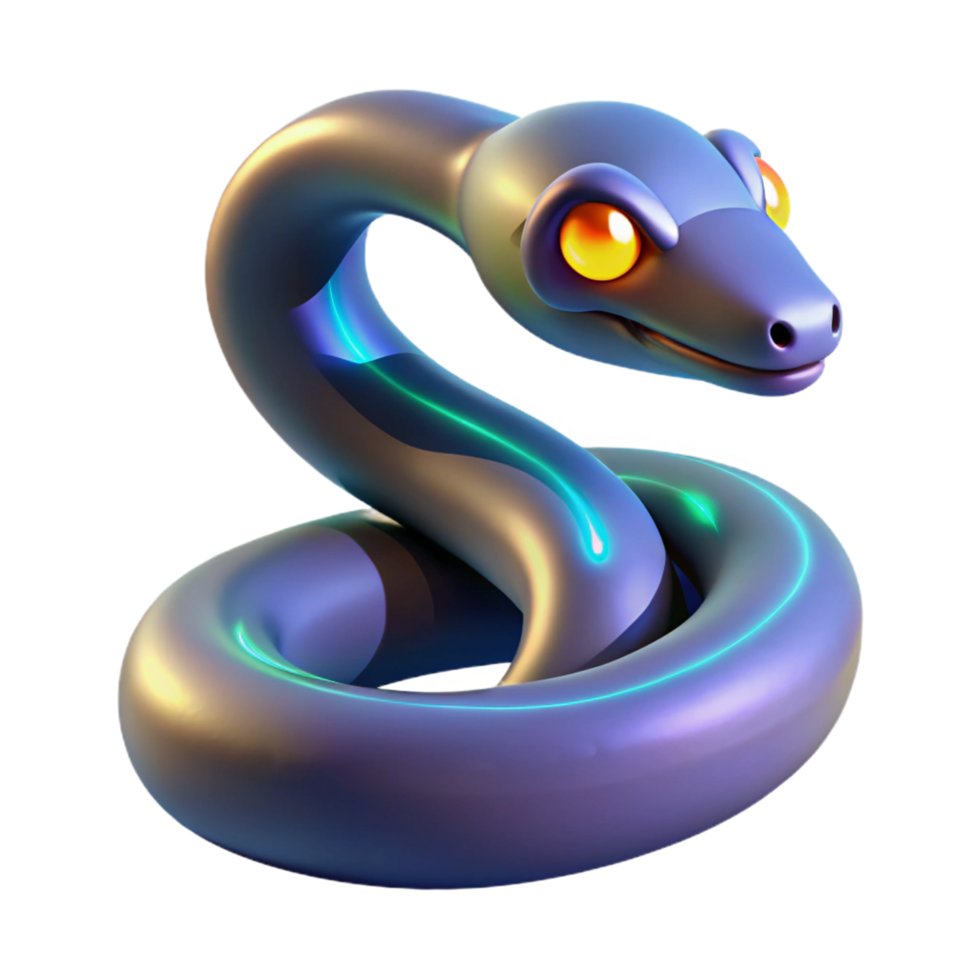 Glowing Neon Snake 3D Render of a Coiled Serpent with Bright Accents png