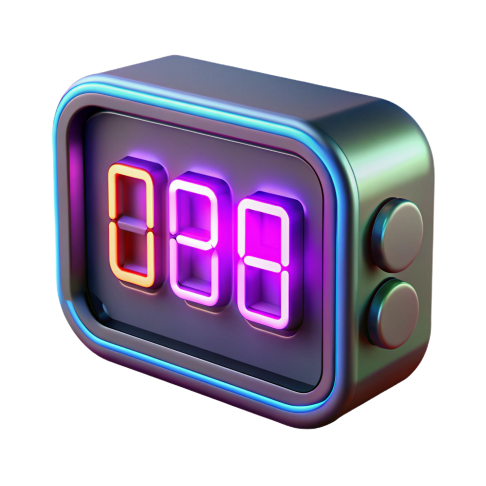 Neon Digital Timer with Buttons 3D Render of Colorful LED Clock png