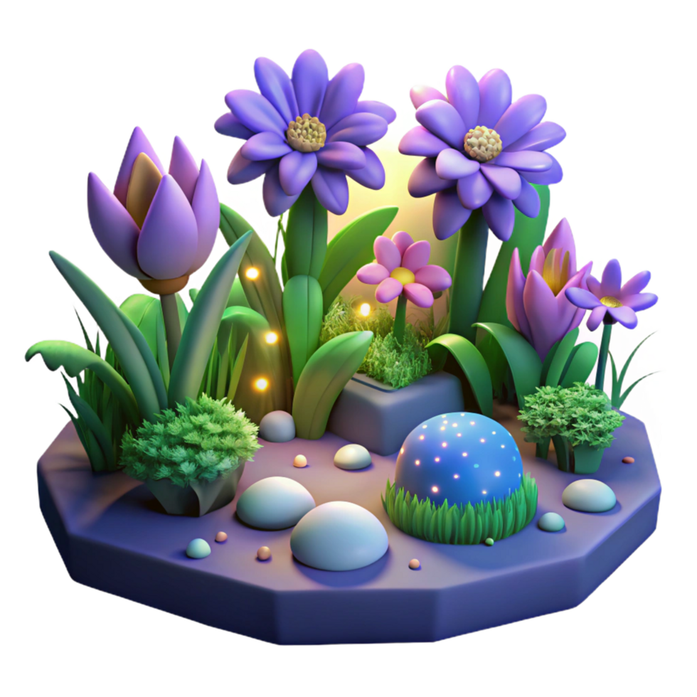Enchanted Night Garden 3D Render of Magical Flowers, Glowing Flora, and Mystical Stones png
