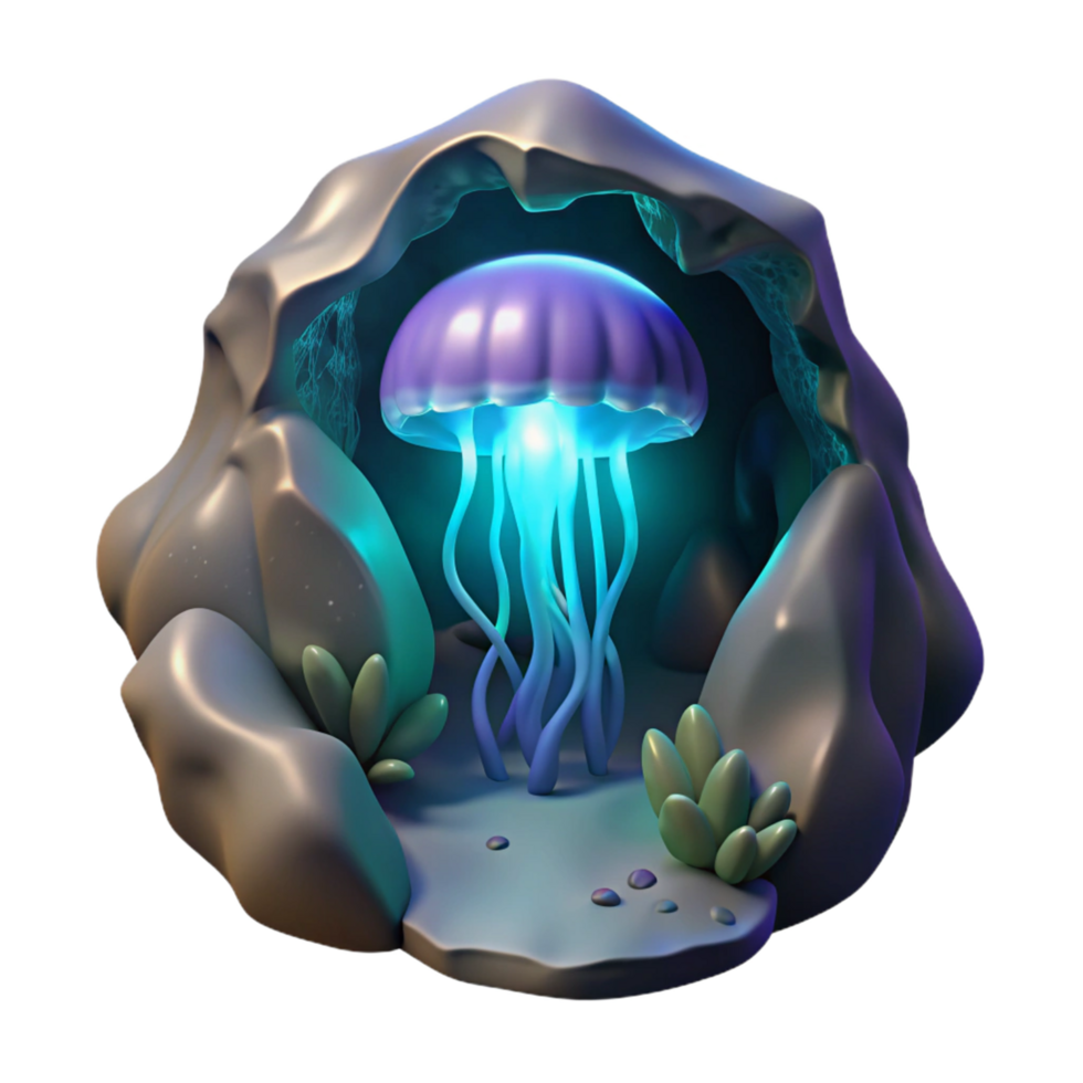Glowing Jellyfish in a Cave 3D Render of Underwater Scene png