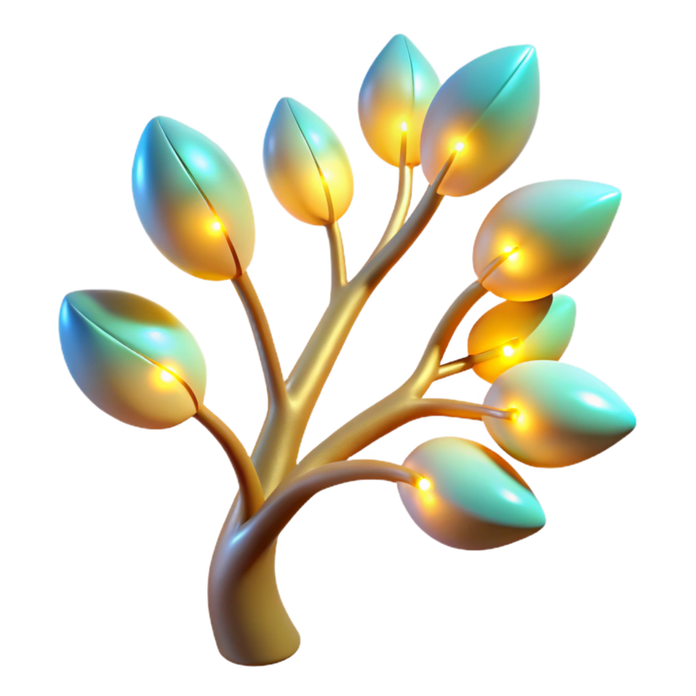 Illuminated Golden Tree with Teal Leaves Abstract 3D Render png