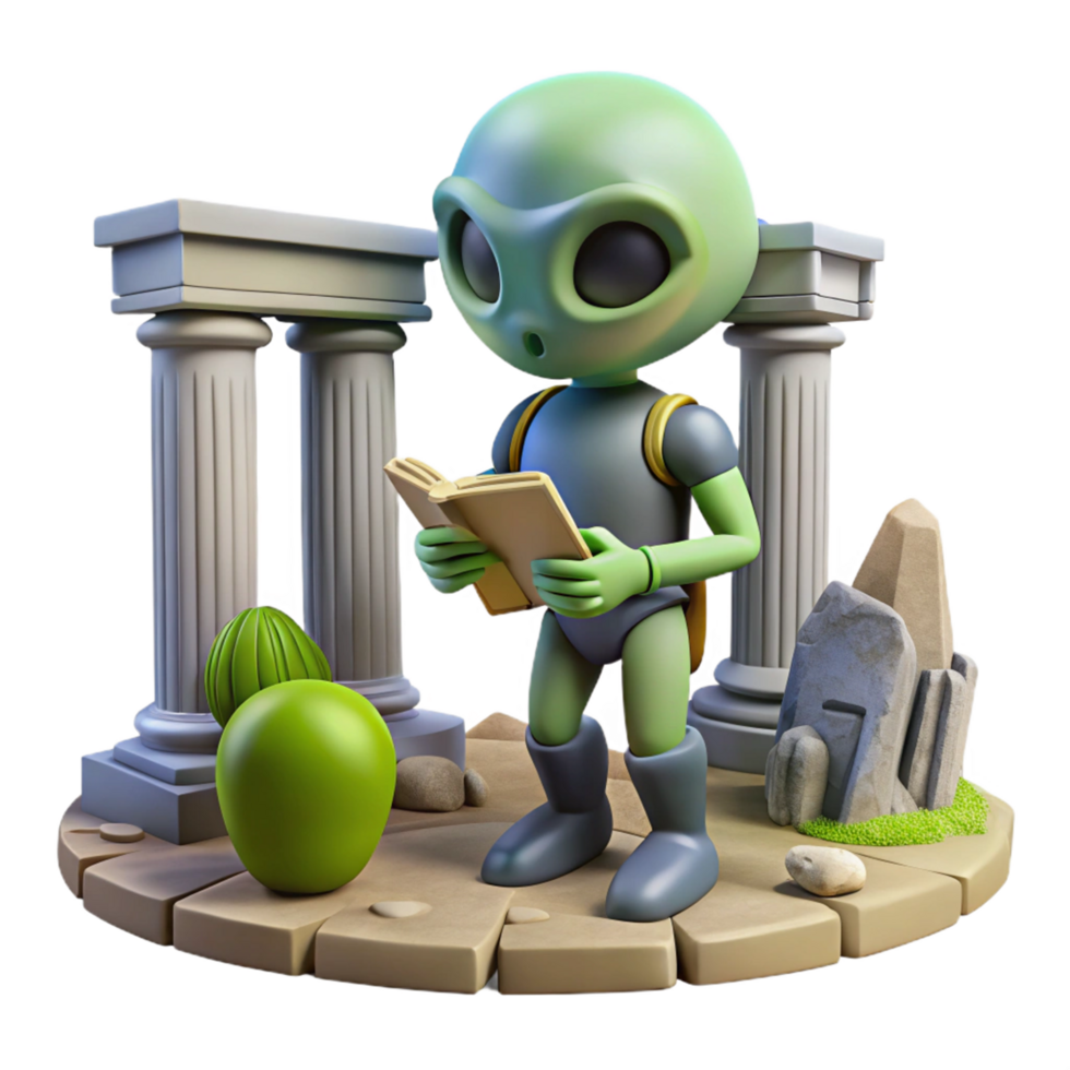 Alien Studying Ancient Ruins 3D Render of Extraterrestrial Reading a Book png