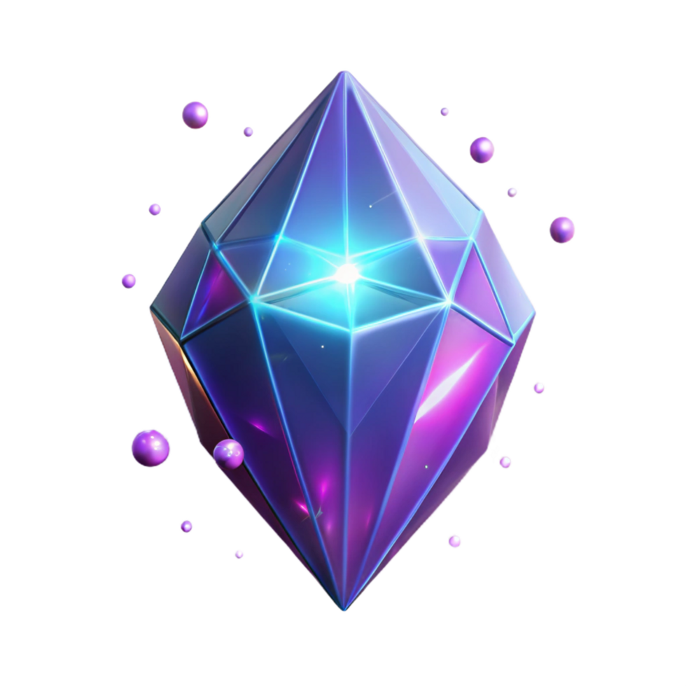 Radiant Crystal A 3D Model of a Glowing Gemstone with Orbiting Particles png