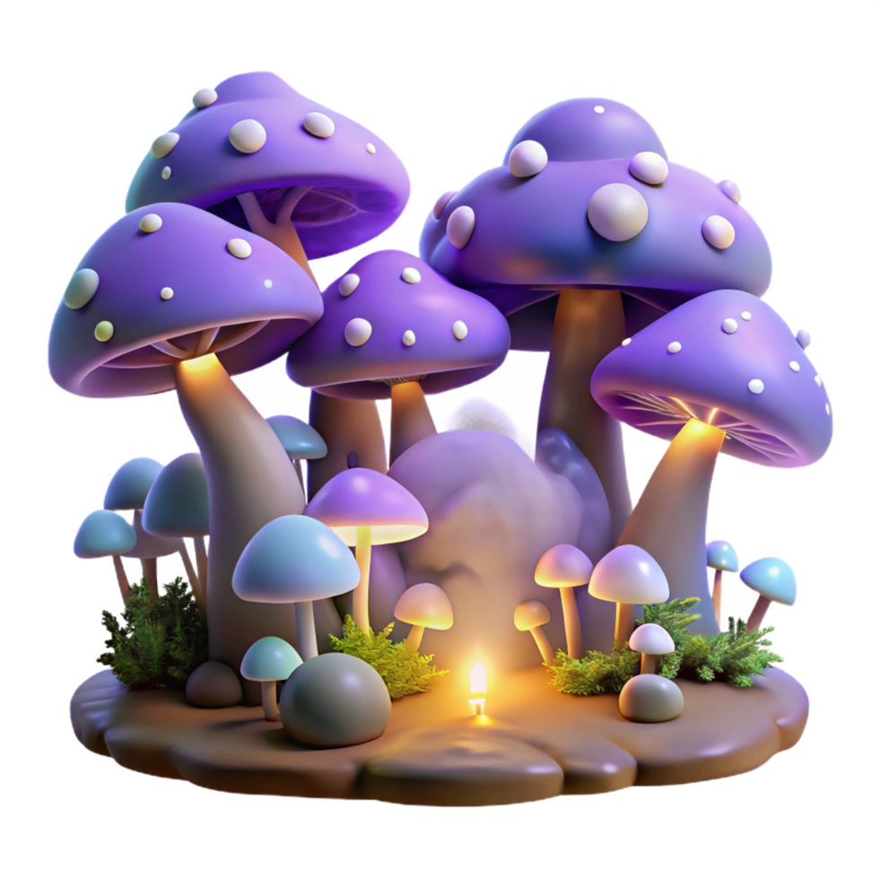 Enchanted Glow 3D Render of Luminescent Mushrooms and Fantasy Forest png