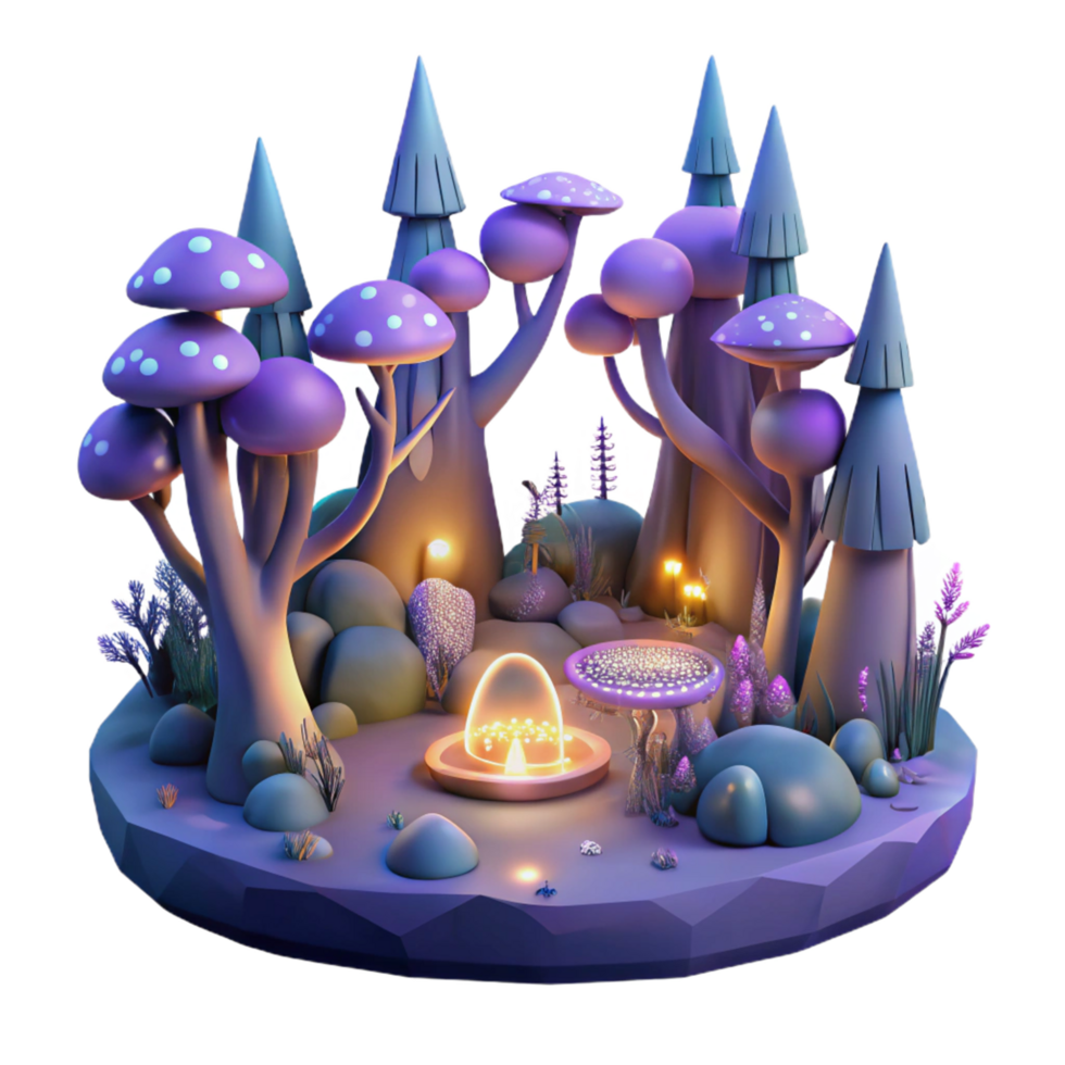 Enchanted Glow 3D Render of a Magical Mushroom Forest png