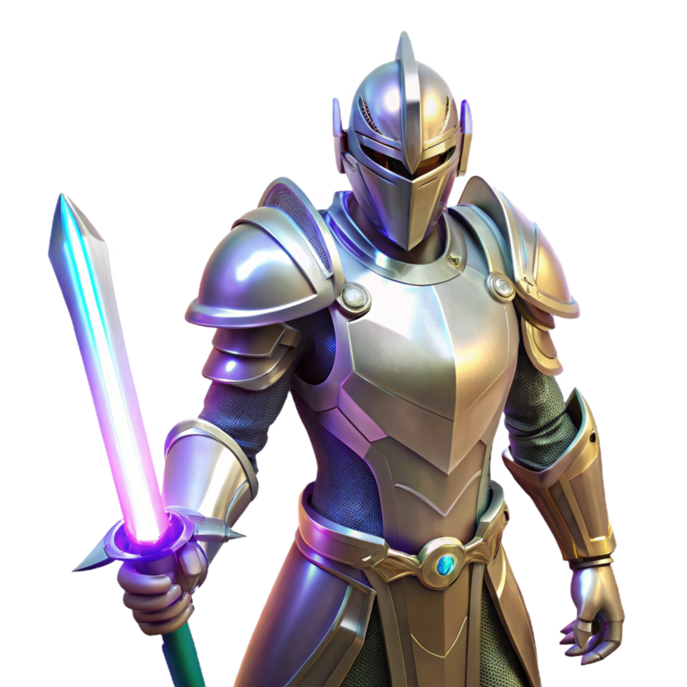 Radiant Knight A Fantasy Game Character in Polished Armor with Glowing Sword png