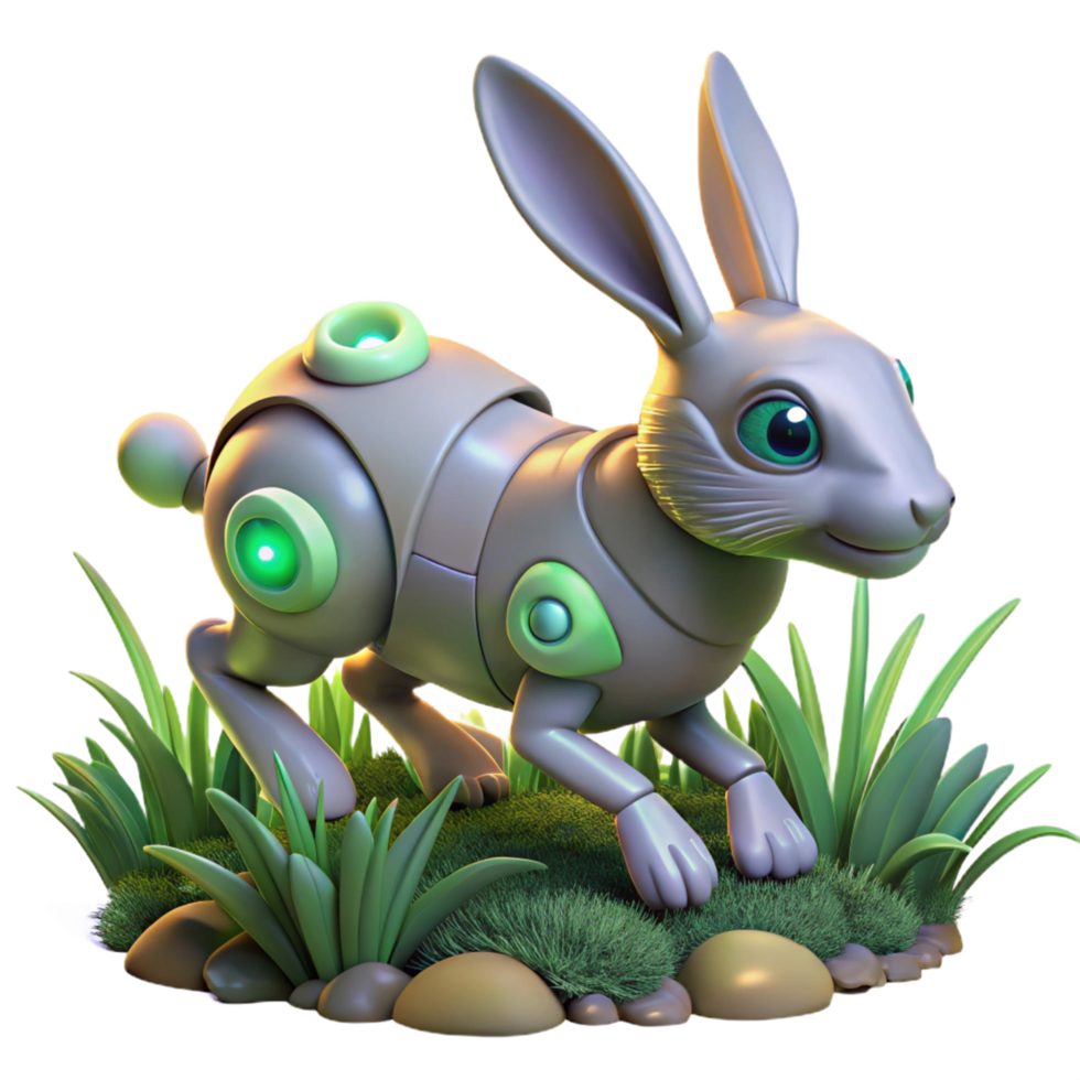 Robotic Bunny in Grassland 3D Render of a Mechanical Hare png